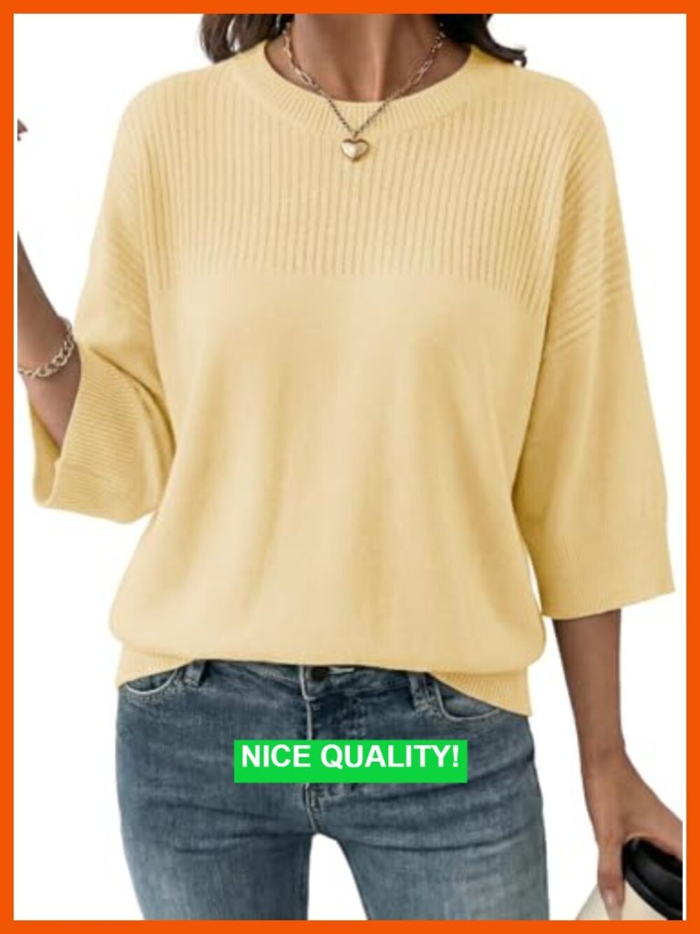 Crewneck Cropped Sweater Knit Top 3/4 Sleeve Oversized Casual Tops